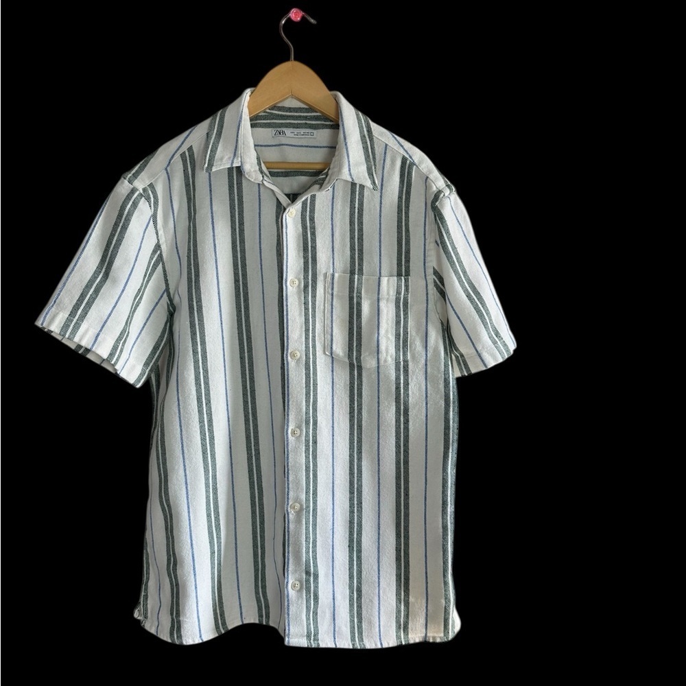 Zara White and Green Striped Casual Shirt